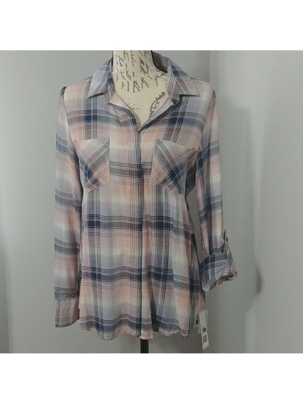 NWT Zac & Rachel long sleeve, button down dual pocket shirt blush/navy/lilac S